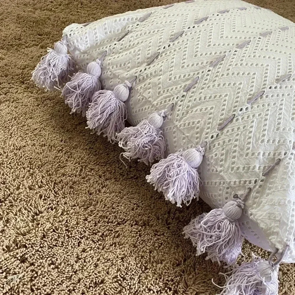 Anthropologie tasseled eyelet lavender pillow white purple tassels 22x22 square